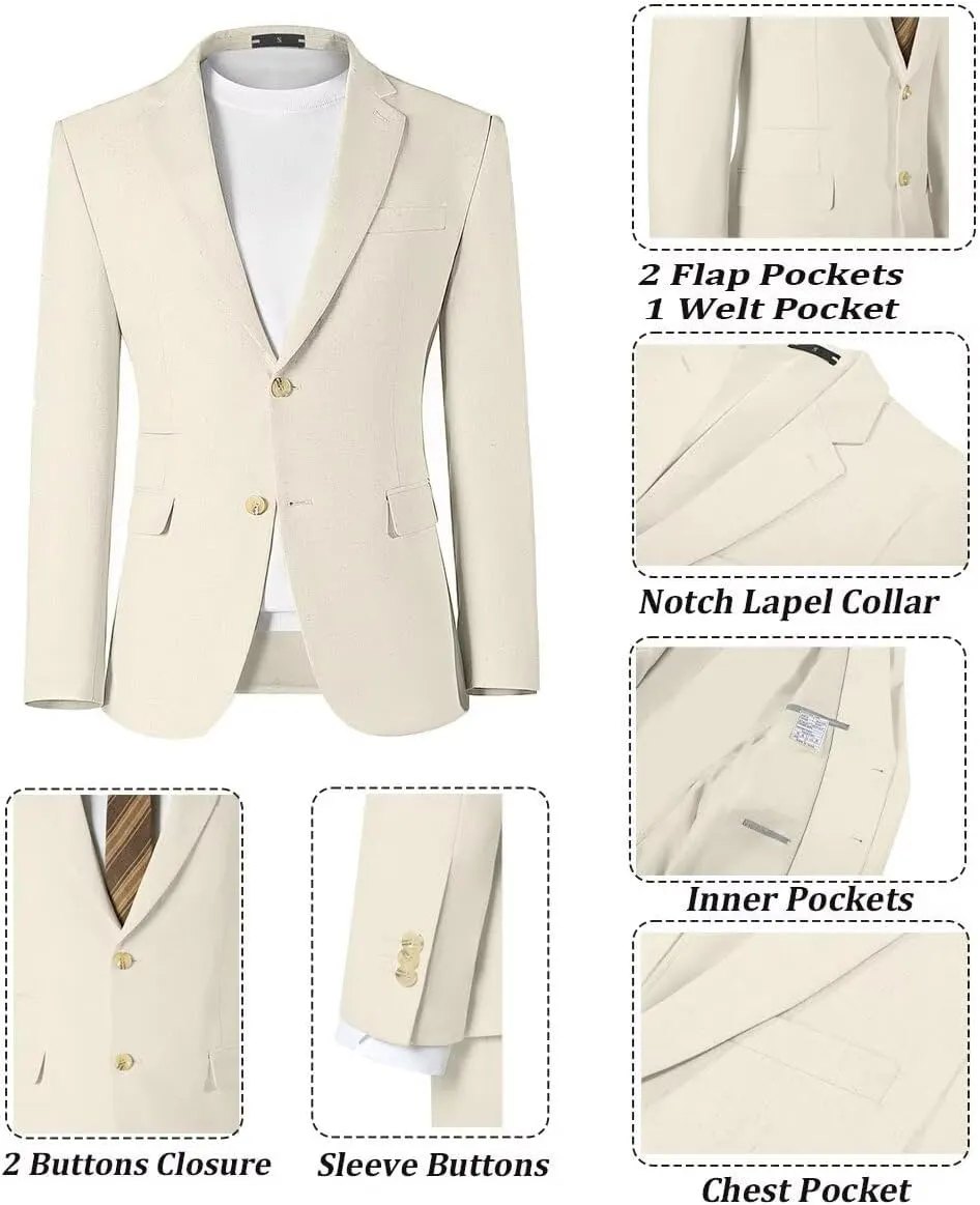 Linen Mens Suit 2 Piece Retro Suits for Men Slim Fit Blazer Jackets Drawstring Pants Set Tux Summer Beach Wedding Outfit
