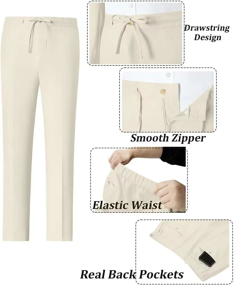 Linen Mens Suit 2 Piece Retro Suits for Men Slim Fit Blazer Jackets Drawstring Pants Set Tux Summer Beach Wedding Outfit