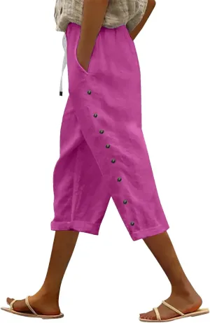 Linen Pants for Women Summer Drawstring Pockets Loose Casual Cotton Linen Beach Trousers Straight Leg Lounge
