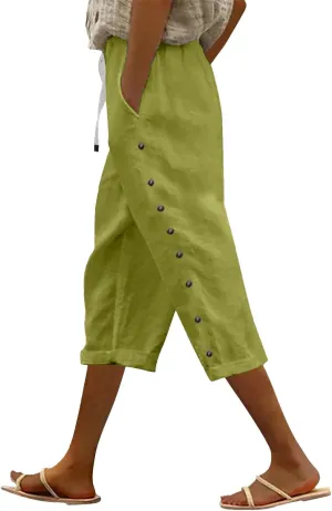 Linen Pants for Women Summer Drawstring Pockets Loose Casual Cotton Linen Beach Trousers Straight Leg Lounge
