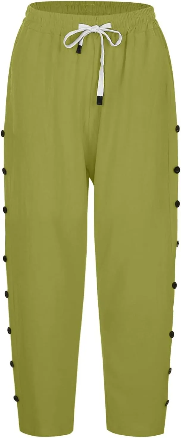 Linen Pants for Women Summer Drawstring Pockets Loose Casual Cotton Linen Beach Trousers Straight Leg Lounge
