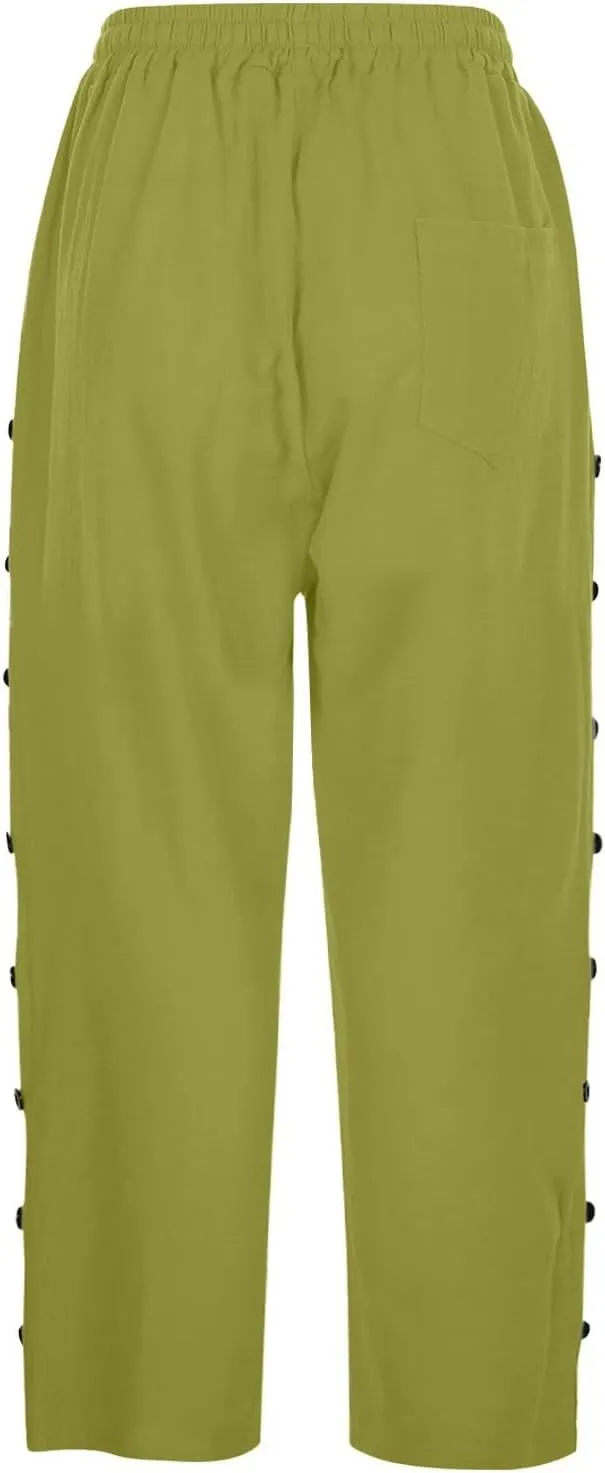 Linen Pants for Women Summer Drawstring Pockets Loose Casual Cotton Linen Beach Trousers Straight Leg Lounge