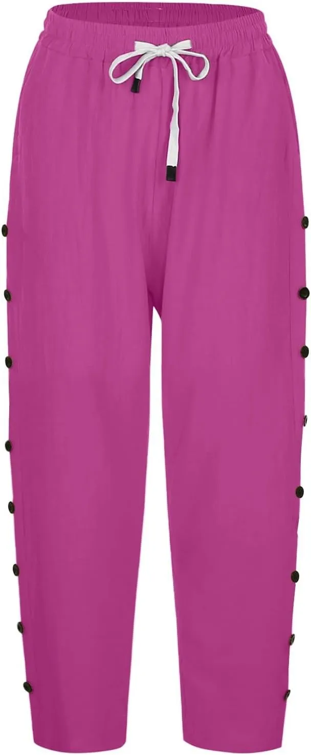 Linen Pants for Women Summer Drawstring Pockets Loose Casual Cotton Linen Beach Trousers Straight Leg Lounge