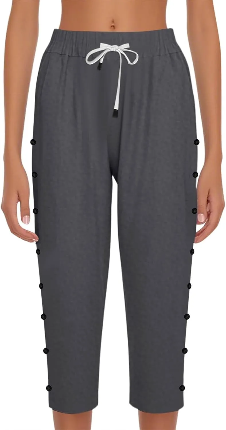 Linen Pants for Women Summer Drawstring Pockets Loose Casual Cotton Linen Beach Trousers Straight Leg Lounge
