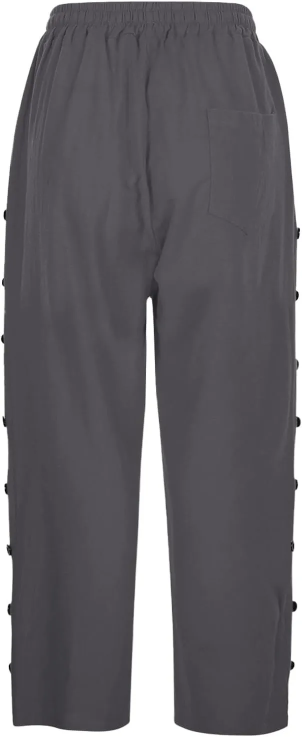 Linen Pants for Women Summer Drawstring Pockets Loose Casual Cotton Linen Beach Trousers Straight Leg Lounge