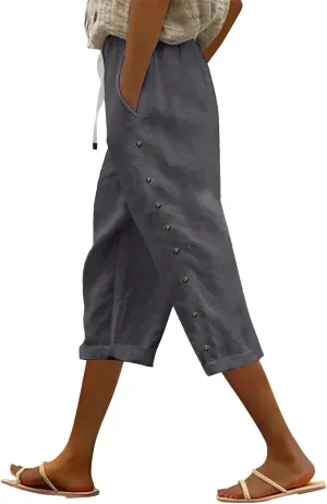 Linen Pants for Women Summer Drawstring Pockets Loose Casual Cotton Linen Beach Trousers Straight Leg Lounge
