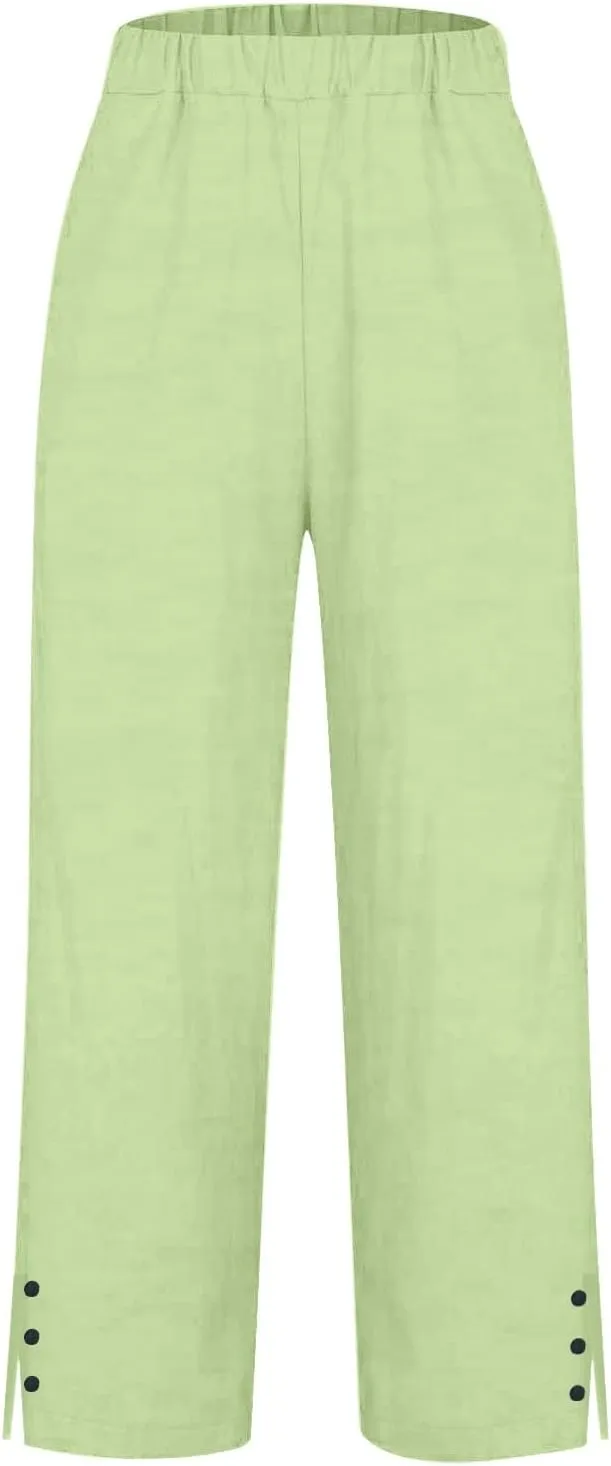 Linen Pants Women Striped High Waisted Straight Wide Leg Cropped Trousers Summer Casual Palazzo Pants with Pockets