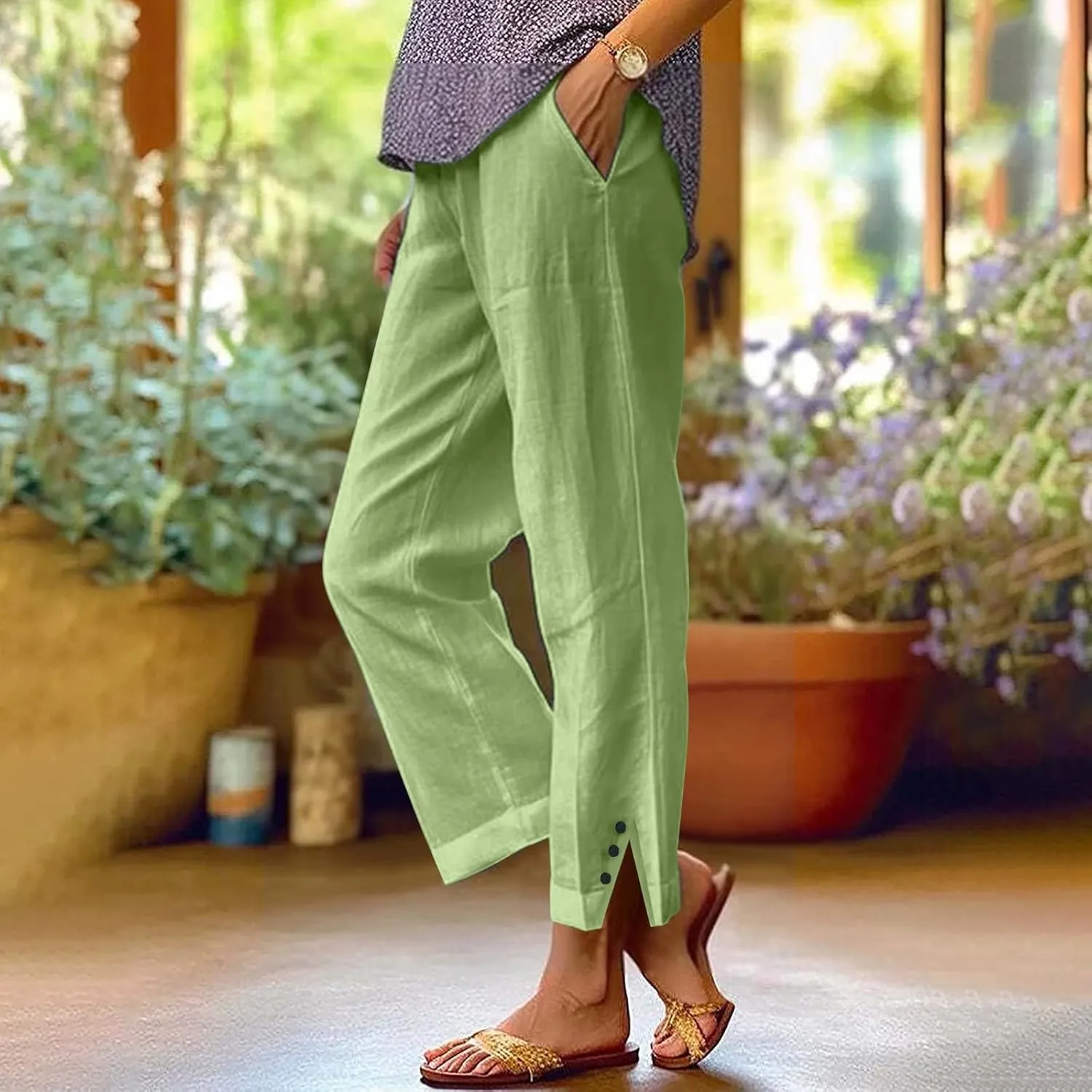Linen Pants Women Striped High Waisted Straight Wide Leg Cropped Trousers Summer Casual Palazzo Pants with Pockets