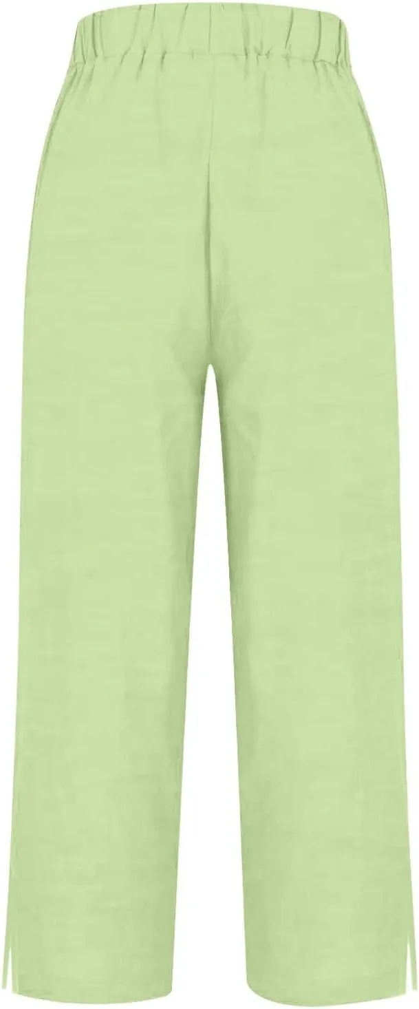 Linen Pants Women Striped High Waisted Straight Wide Leg Cropped Trousers Summer Casual Palazzo Pants with Pockets