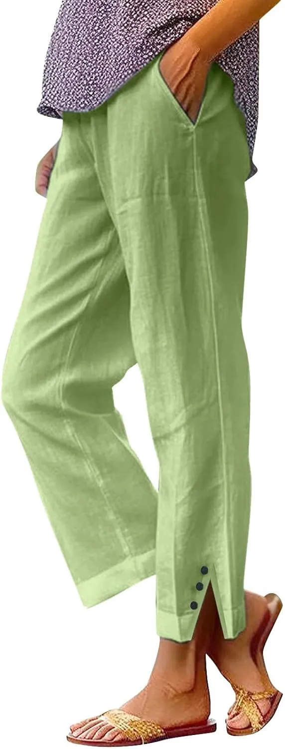 Linen Pants Women Striped High Waisted Straight Wide Leg Cropped Trousers Summer Casual Palazzo Pants with Pockets