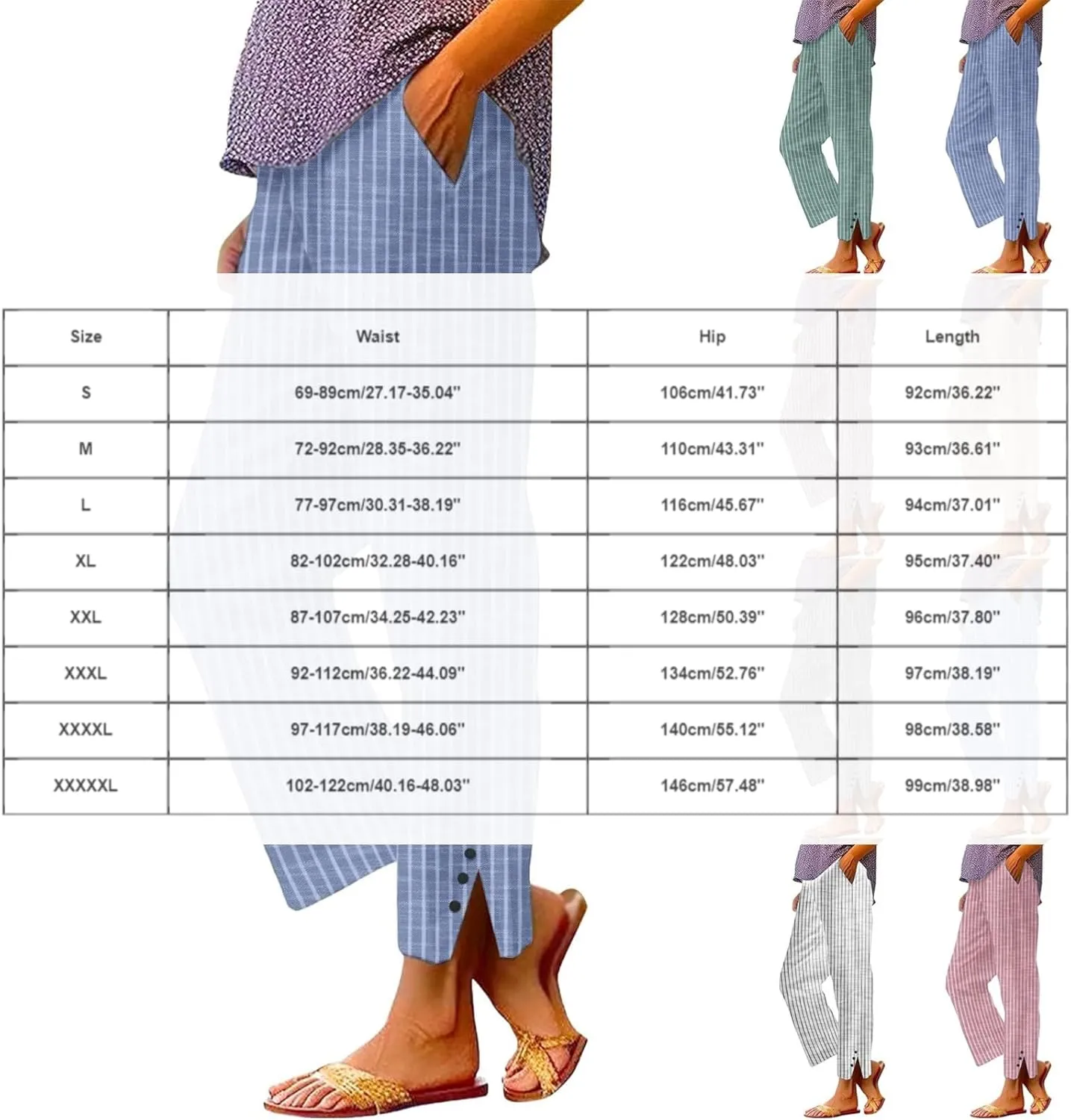 Linen Pants Women Striped High Waisted Straight Wide Leg Cropped Trousers Summer Casual Palazzo Pants with Pockets