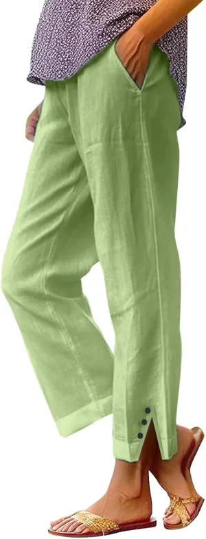 Linen Pants Women Striped High Waisted Straight Wide Leg Cropped Trousers Summer Casual Palazzo Pants with Pockets