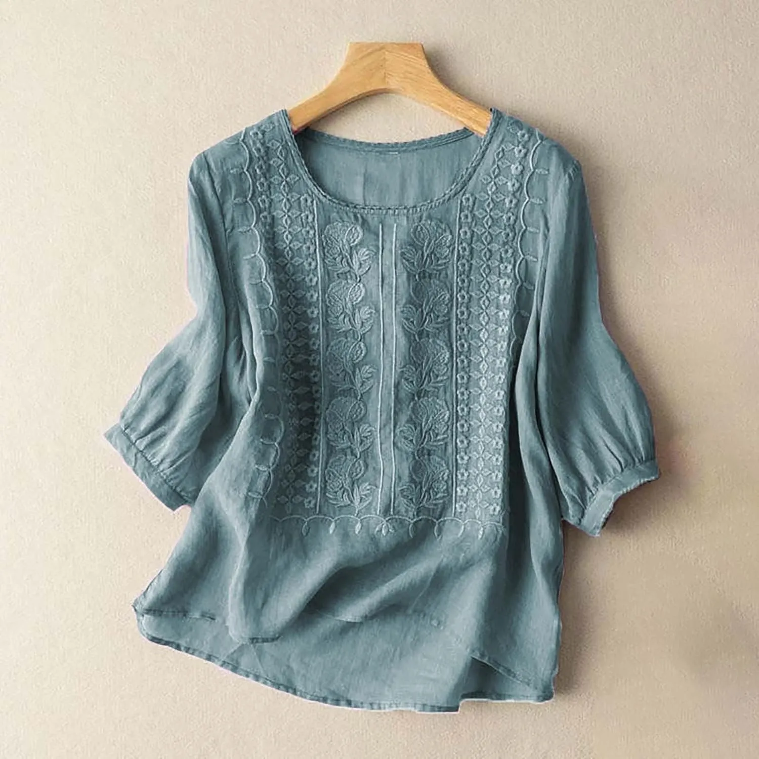 Linen Shirts for Women 2025 Summer Trendy Retro Embroidered 3/4 Sleeve Loose Dressy Casual Tops Boho Cute Blouses