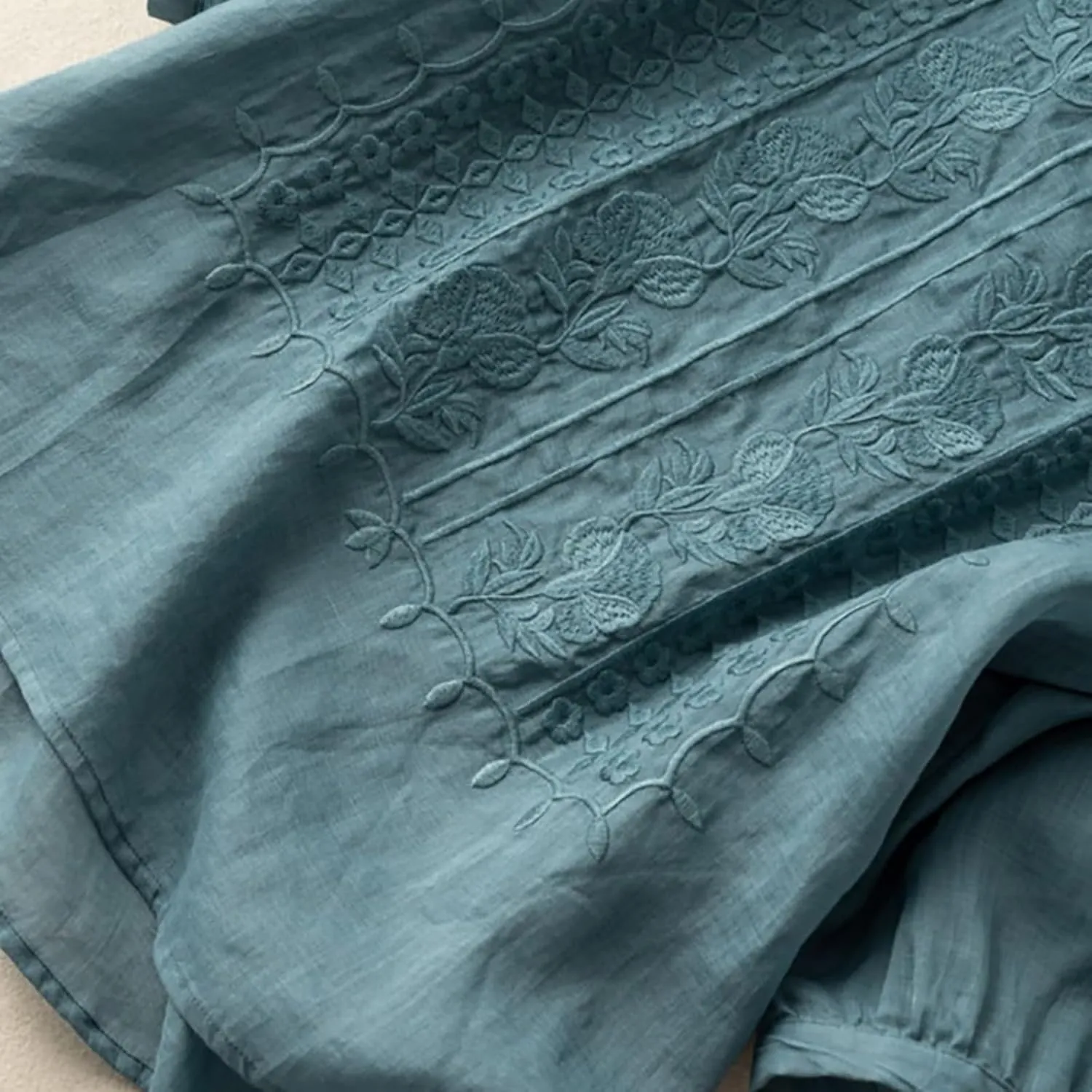 Linen Shirts for Women 2025 Summer Trendy Retro Embroidered 3/4 Sleeve Loose Dressy Casual Tops Boho Cute Blouses