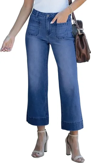 Lisskolo Women's Wide Leg Cropped Jeans Mid-Waisted Flare Straight Leg Crop Stretchy Denim Pants with Front Patchwork Pockets