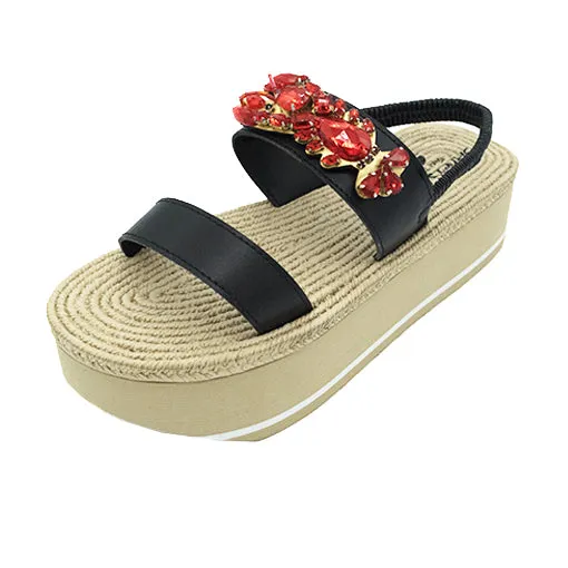 Lobster - Waterproof Espadrille Platform Wedge Sandals Red Crystals Stone Embellished