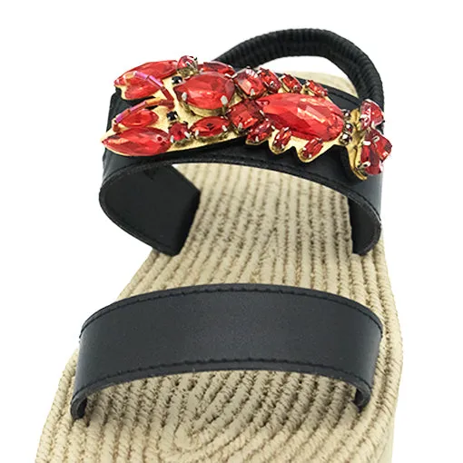 Lobster - Waterproof Espadrille Platform Wedge Sandals Red Crystals Stone Embellished