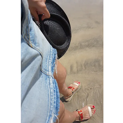 Lobster - Waterproof Espadrille Platform Wedge Sandals Red Crystals Stone Embellished