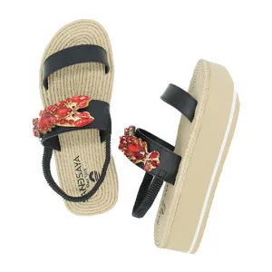 Lobster - Waterproof Espadrille Platform Wedge Sandals Red Crystals Stone Embellished