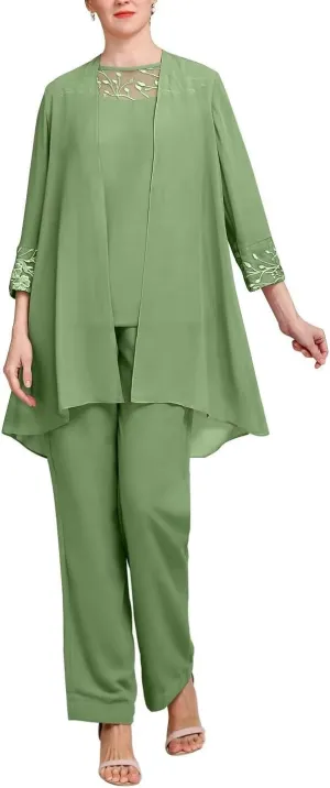 Long Sleeves 3 Pieces Mother of The Bride Pant Suits Sets Wedding Guest Lace with Jacket