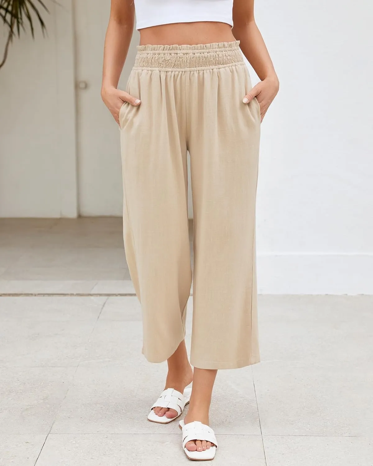 LookbookStore Linen Pants Women Capri Wide Leg High Wasited Pull On Elasitc Waist Summer Beach Palazzo Capris Pants