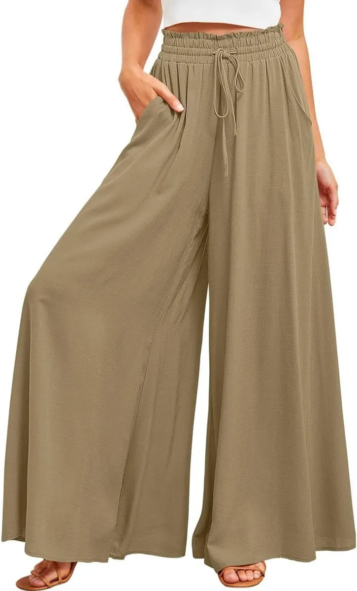 LOUSEA Women's Linen Wide Leg Pants high Elastic Waist Flowy Pants Plus Size Loose Long Pants with Pockets Palazzo Trousers