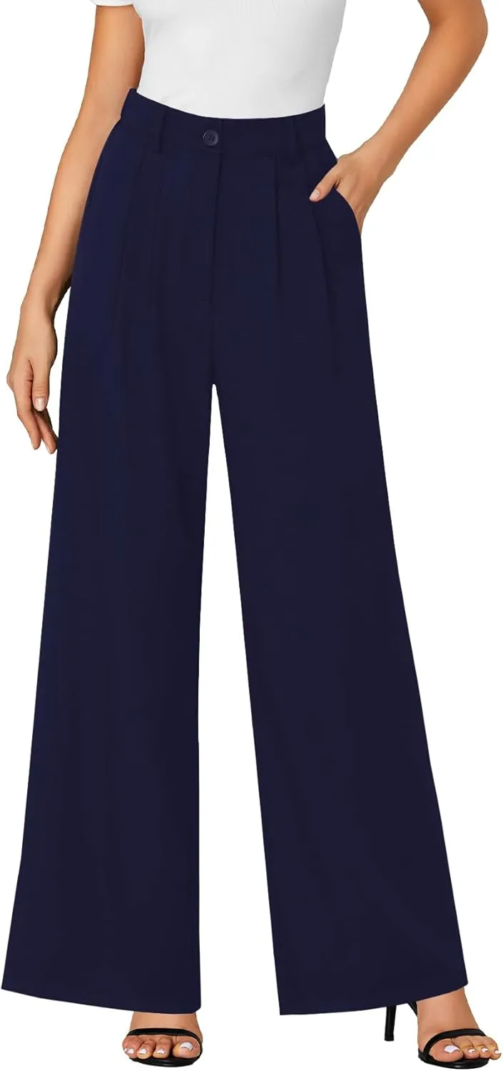 LYANER Women's High Waist Casual Wide Leg Long Palazzo Pants Button Down Loose Business Work Office Trousers with Pockets