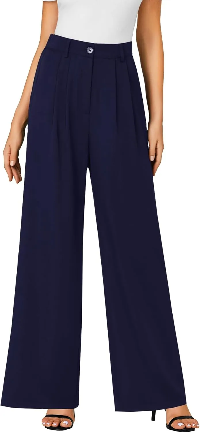 LYANER Women's High Waist Casual Wide Leg Long Palazzo Pants Button Down Loose Business Work Office Trousers with Pockets