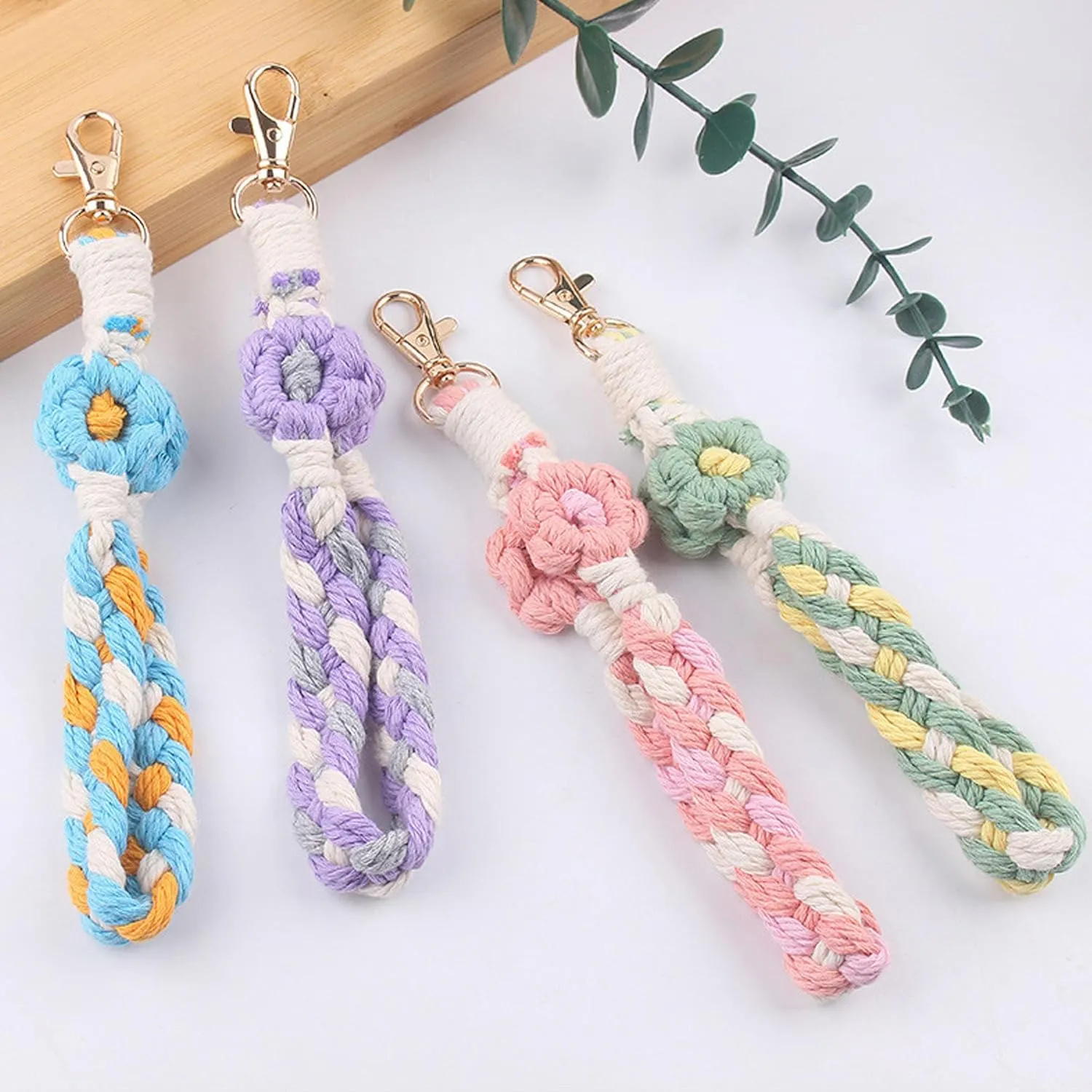 Macrame Keychain Bracelet Handmade Boho Wristlet Keyring Car Key Holder Wrist Lanyard for Women Christmas Gift