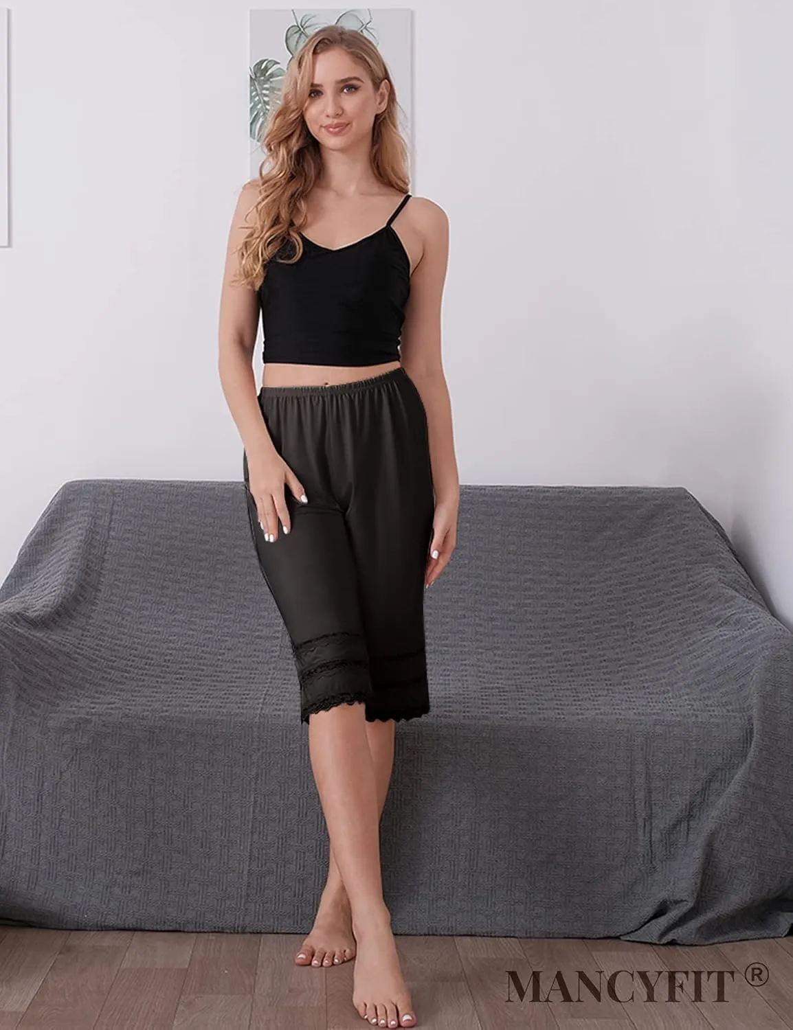 MANCYFIT Pettipant Half Slip for Women Bloomers 12-18" Inseam Wide Leg Lace Pajama Pants