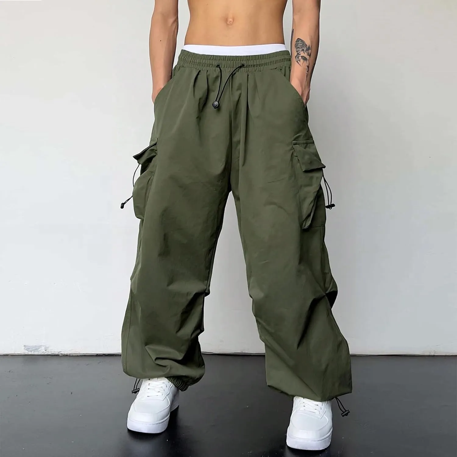 Men's Baggy Cargo Pants Drawstring Casual Y2K Parachute Pants Loose Fit Harem Joggers with Pockets