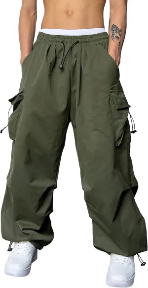Men's Baggy Cargo Pants Drawstring Casual Y2K Parachute Pants Loose Fit Harem Joggers with Pockets