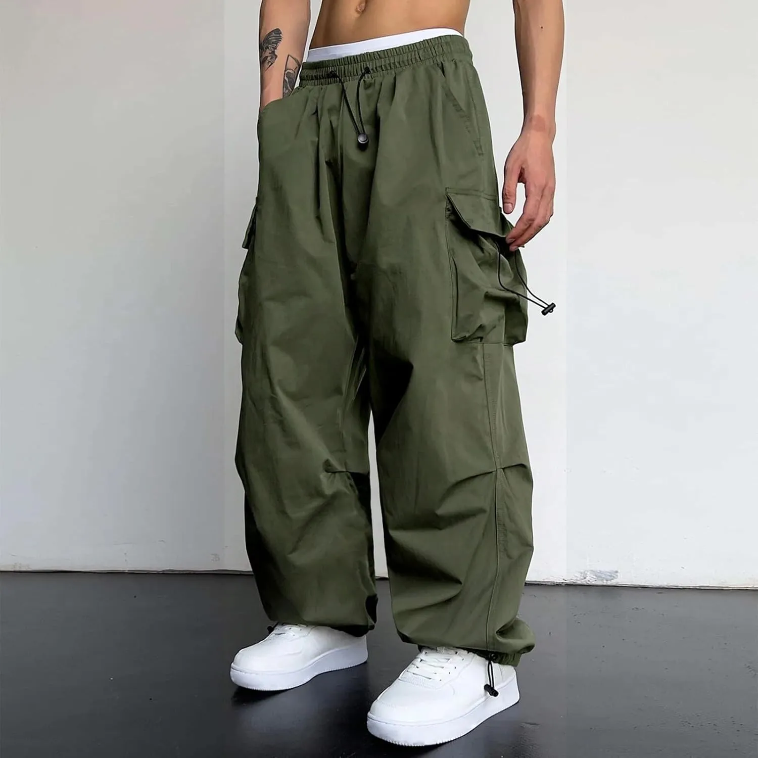 Men's Baggy Cargo Pants Drawstring Casual Y2K Parachute Pants Loose Fit Harem Joggers with Pockets