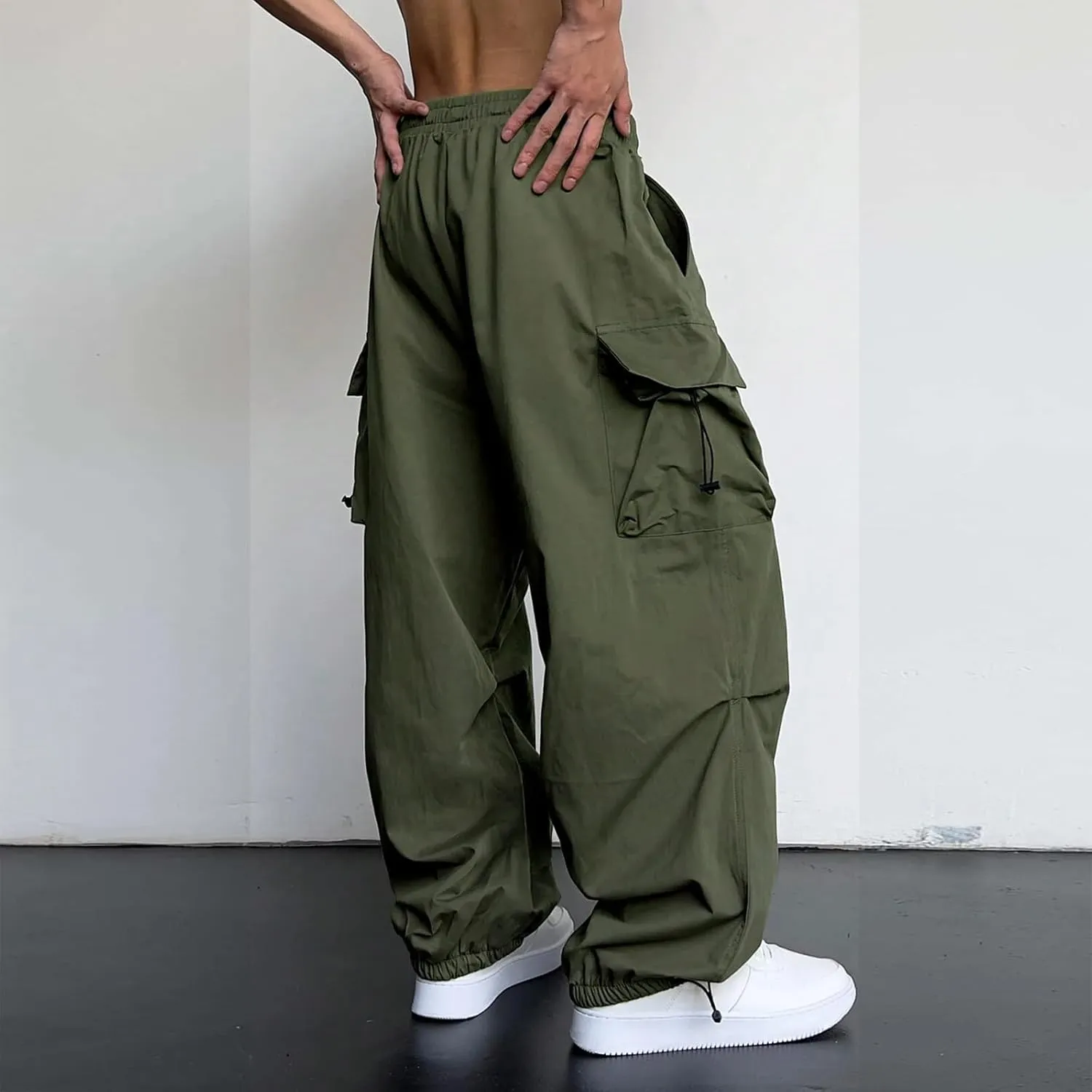 Men's Baggy Cargo Pants Drawstring Casual Y2K Parachute Pants Loose Fit Harem Joggers with Pockets