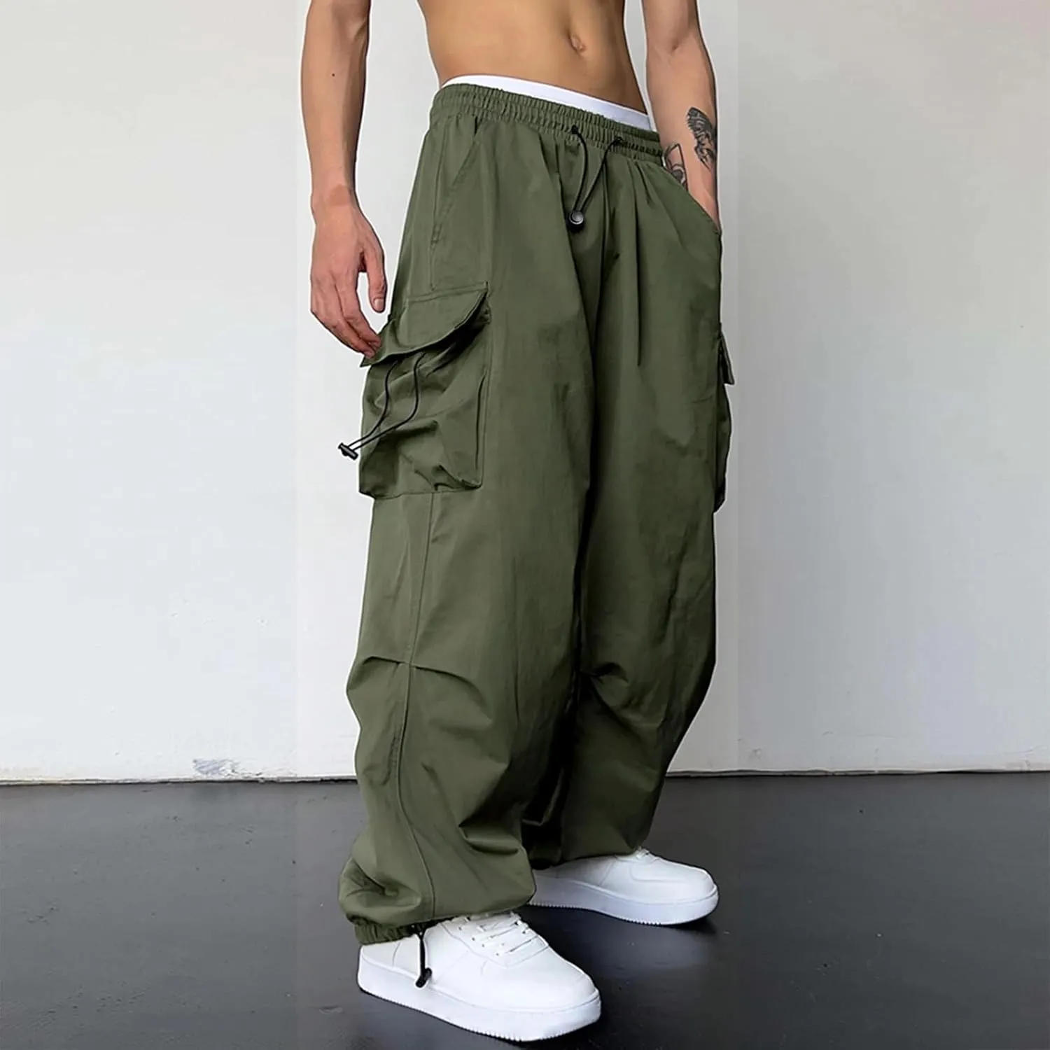 Men's Baggy Cargo Pants Drawstring Casual Y2K Parachute Pants Loose Fit Harem Joggers with Pockets