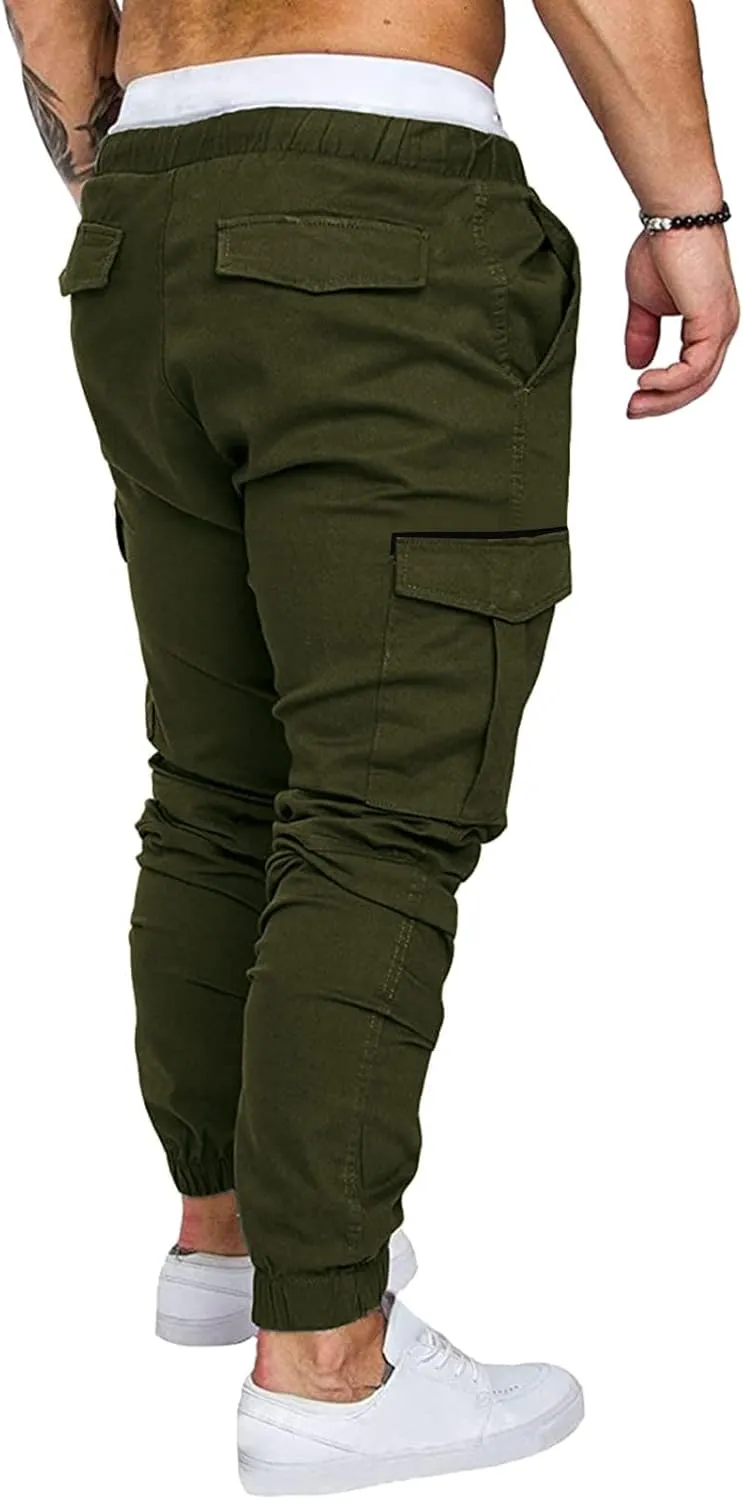 Mens Casual Cotton Cargo Pants Elastic Drawstring Joggers with Pockets Outdoor Sport Trousers Hiking Sweatpants