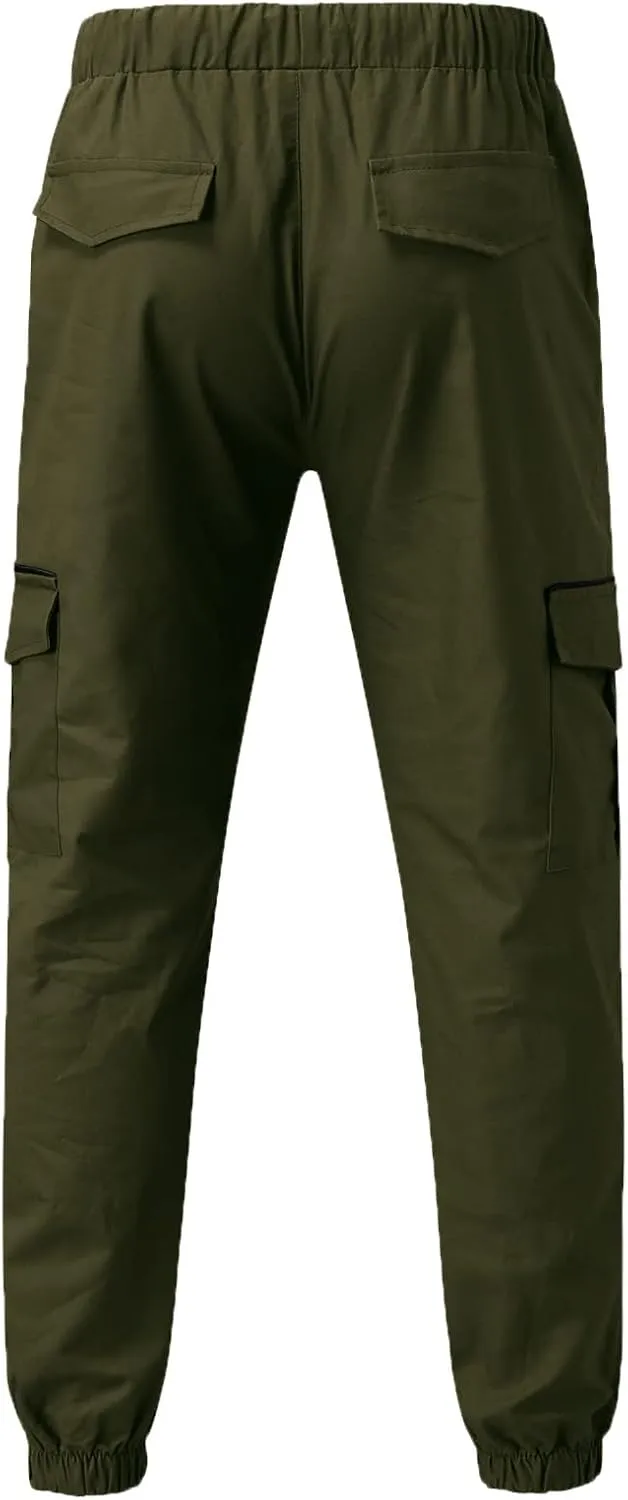 Mens Casual Cotton Cargo Pants Elastic Drawstring Joggers with Pockets Outdoor Sport Trousers Hiking Sweatpants