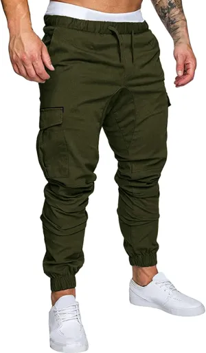 Mens Casual Cotton Cargo Pants Elastic Drawstring Joggers with Pockets Outdoor Sport Trousers Hiking Sweatpants