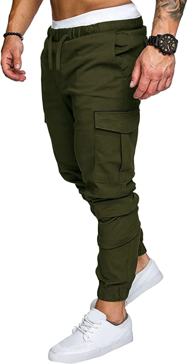 Mens Casual Cotton Cargo Pants Elastic Drawstring Joggers with Pockets Outdoor Sport Trousers Hiking Sweatpants