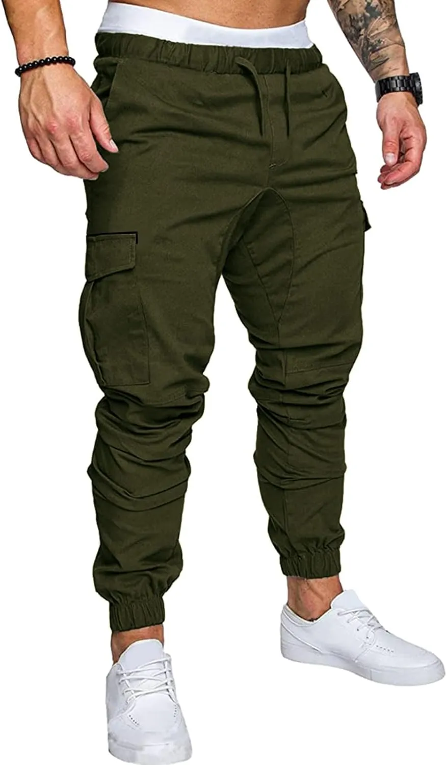 Mens Casual Cotton Cargo Pants Elastic Drawstring Joggers with Pockets Outdoor Sport Trousers Hiking Sweatpants