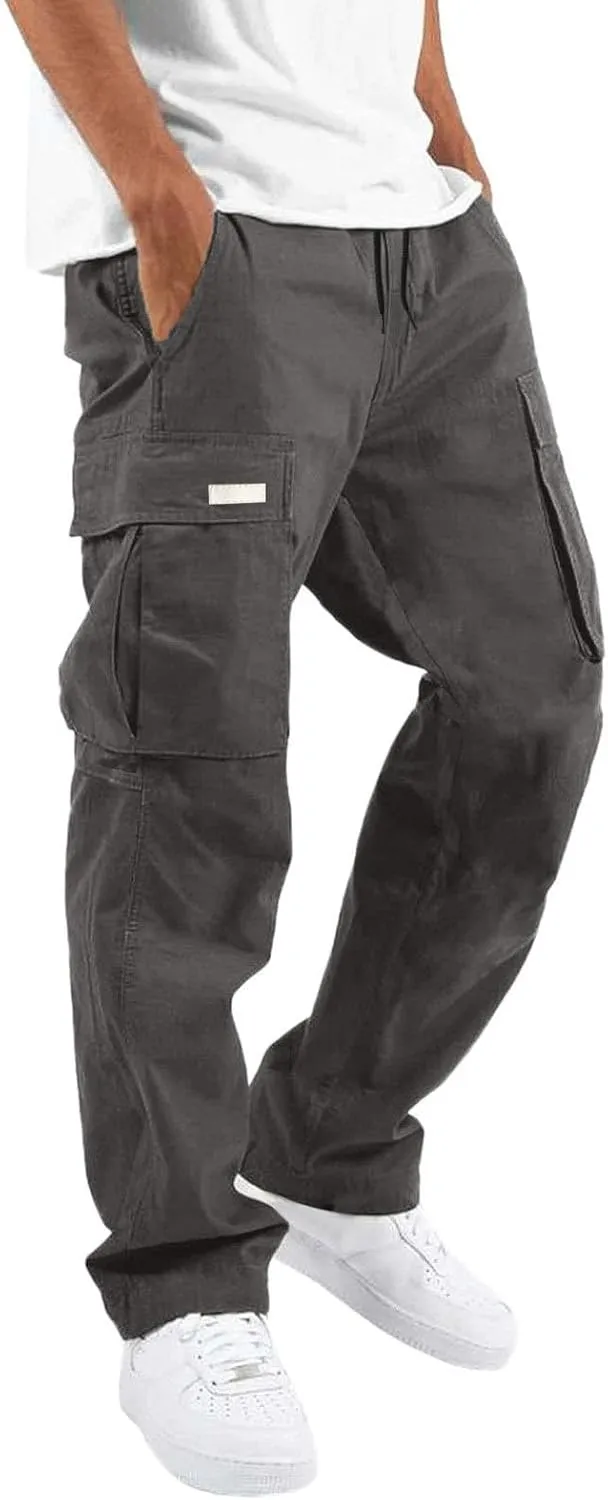 Men's Causal Cargo Pants Solid Color Multi Pockets Straight Leg Trousers Loose Fit Hiking Joggers Sport Pants