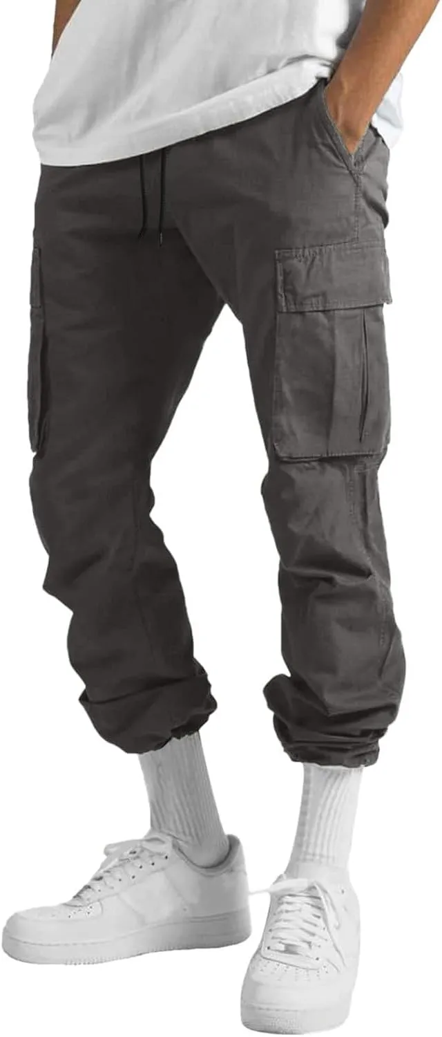 Men's Causal Cargo Pants Solid Color Multi Pockets Straight Leg Trousers Loose Fit Hiking Joggers Sport Pants