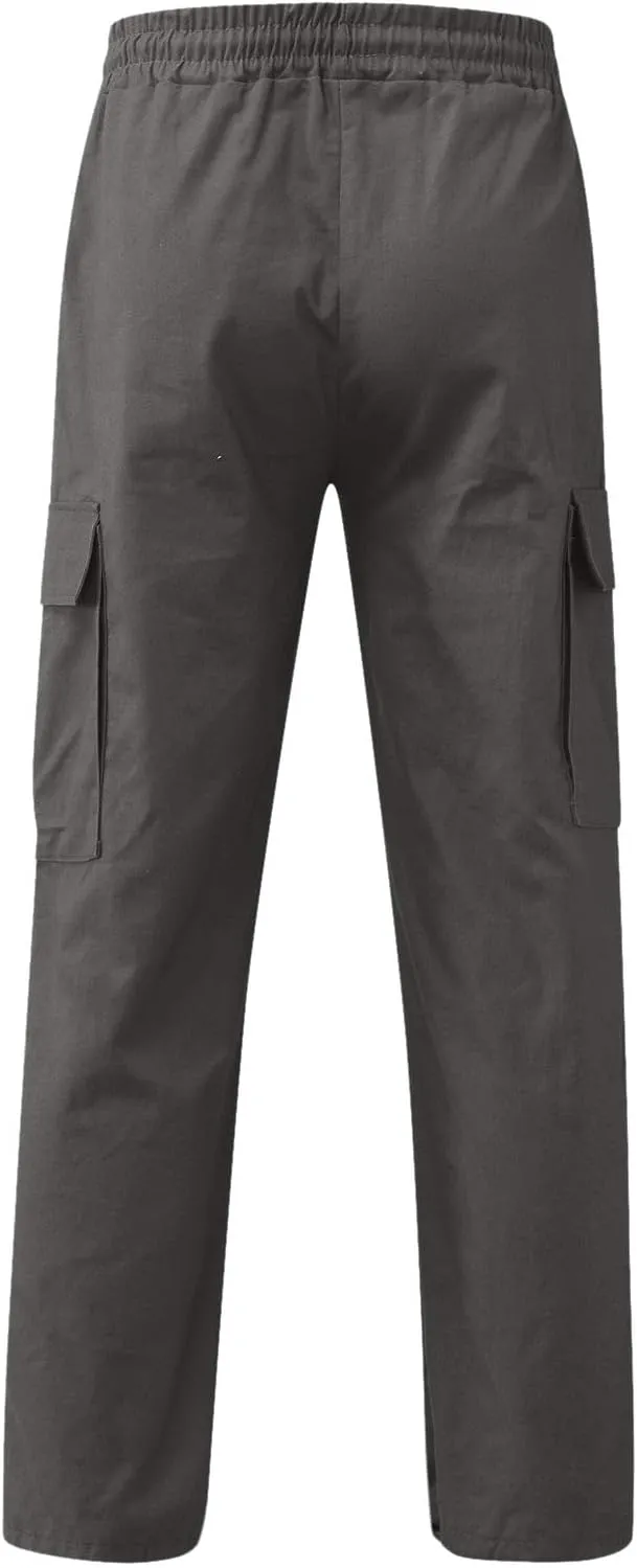 Men's Causal Cargo Pants Solid Color Multi Pockets Straight Leg Trousers Loose Fit Hiking Joggers Sport Pants