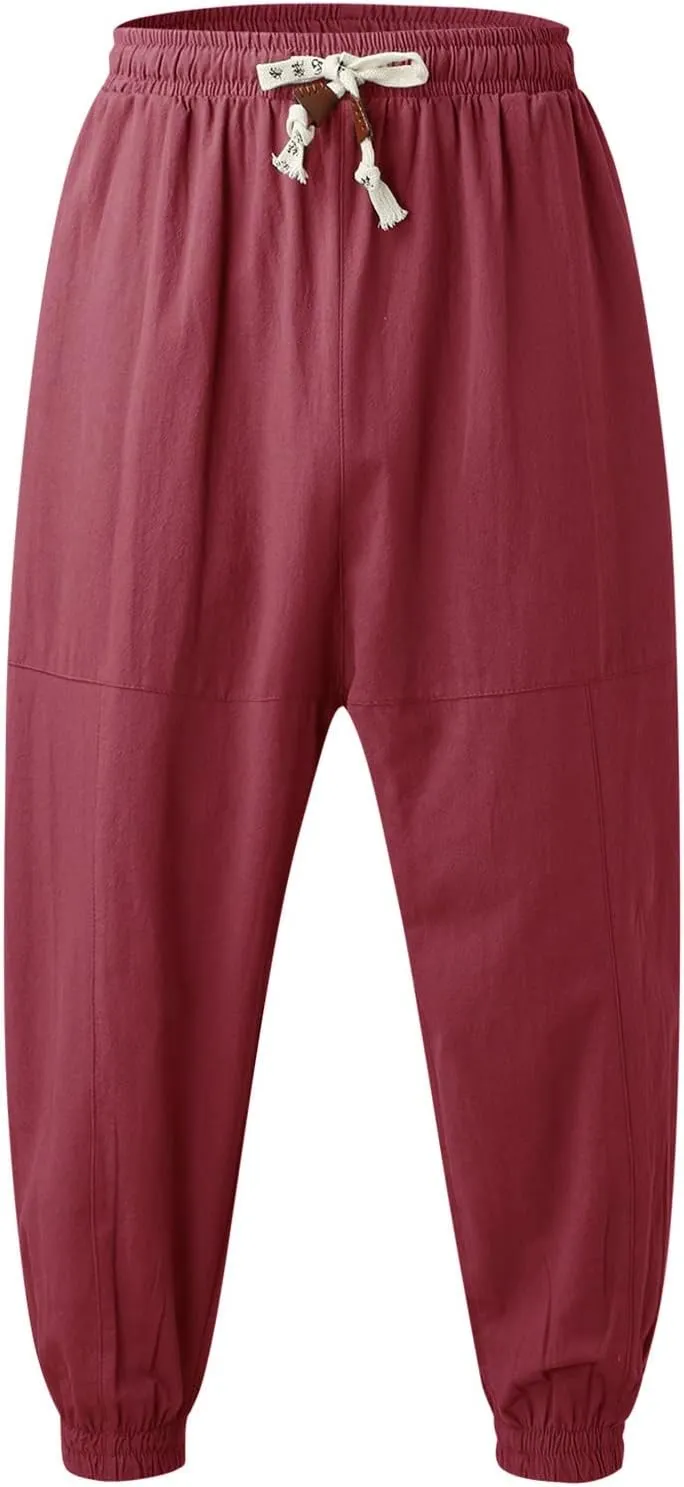 Mens Cotton Linen Harem Pants Drop Crotch Wide Leg Pants Drawstring Waist Baggy Sweatpants Casual Hippie Trousers