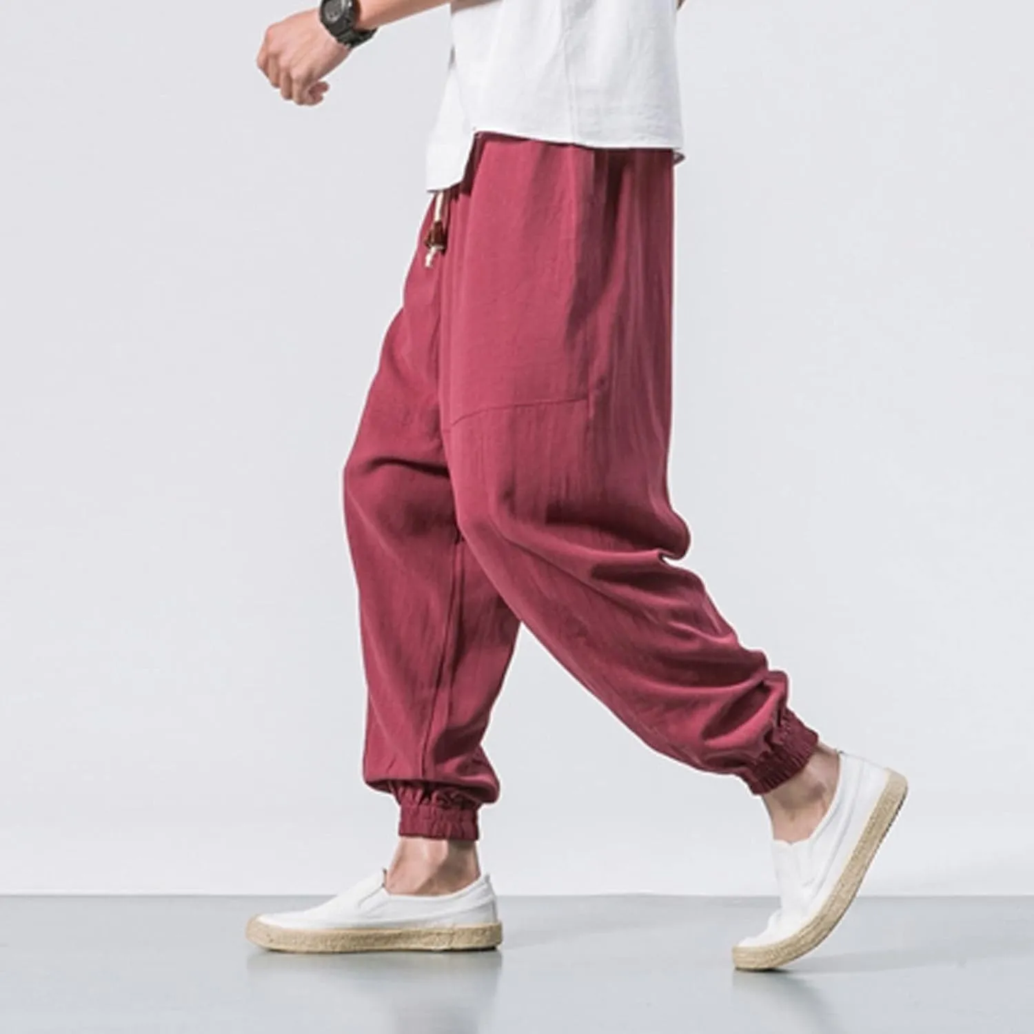 Mens Cotton Linen Harem Pants Drop Crotch Wide Leg Pants Drawstring Waist Baggy Sweatpants Casual Hippie Trousers