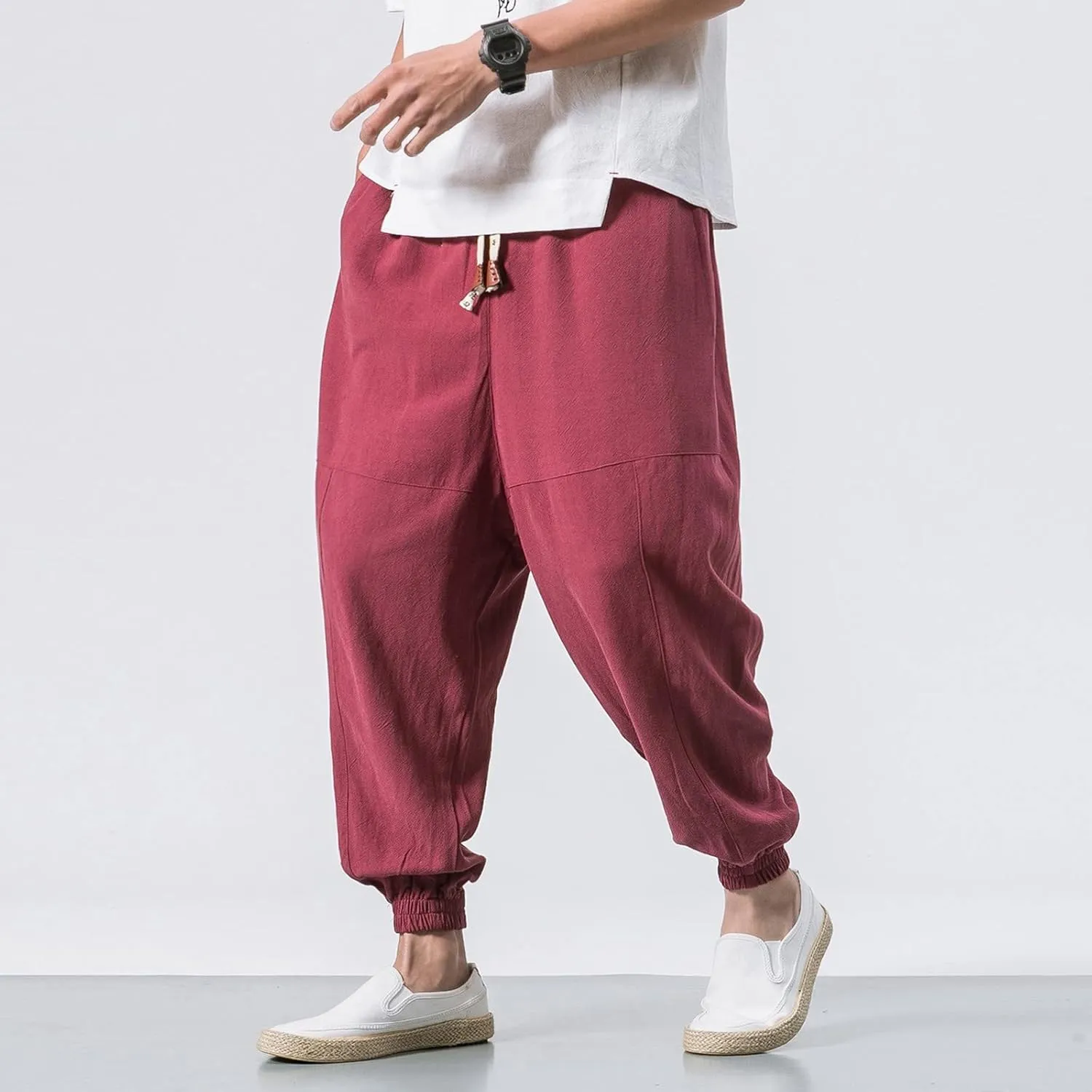Mens Cotton Linen Harem Pants Drop Crotch Wide Leg Pants Drawstring Waist Baggy Sweatpants Casual Hippie Trousers