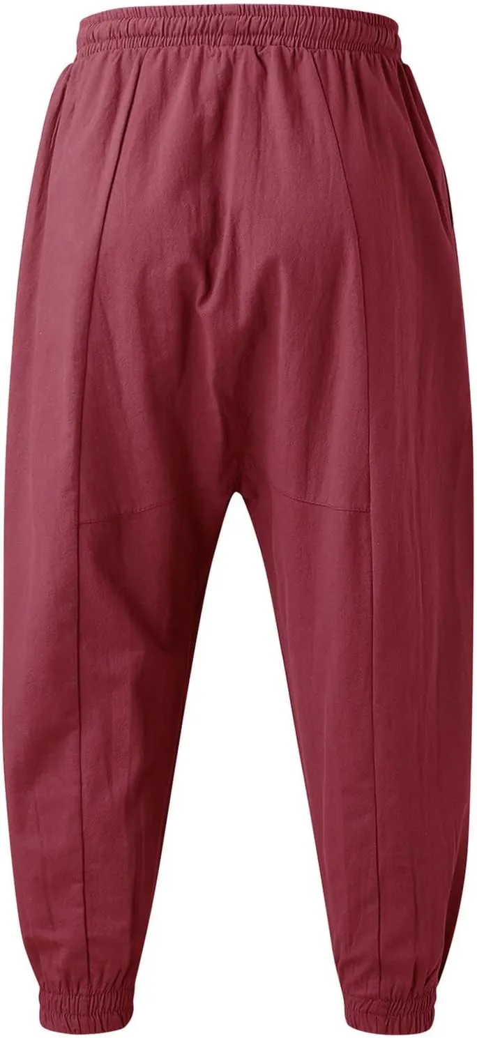 Mens Cotton Linen Harem Pants Drop Crotch Wide Leg Pants Drawstring Waist Baggy Sweatpants Casual Hippie Trousers