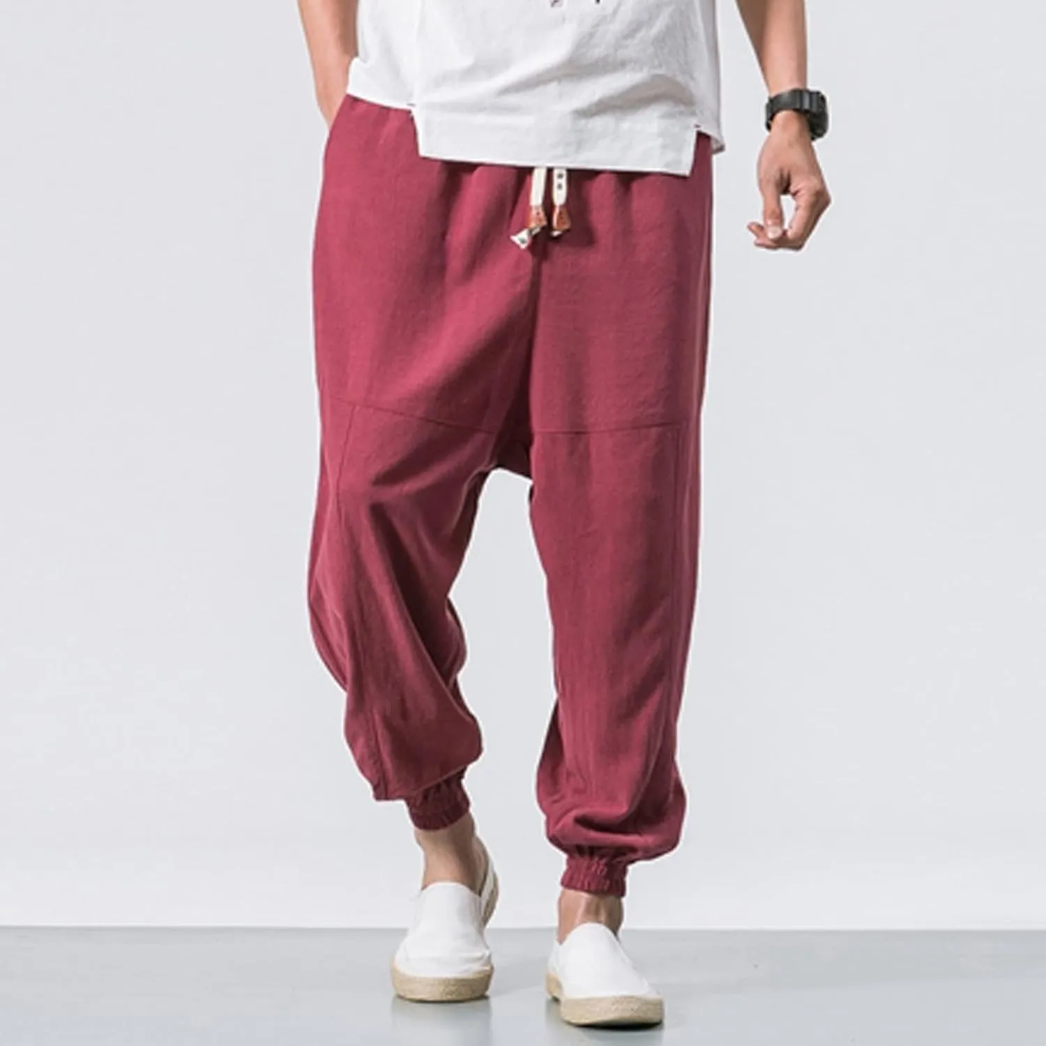 Mens Cotton Linen Harem Pants Drop Crotch Wide Leg Pants Drawstring Waist Baggy Sweatpants Casual Hippie Trousers