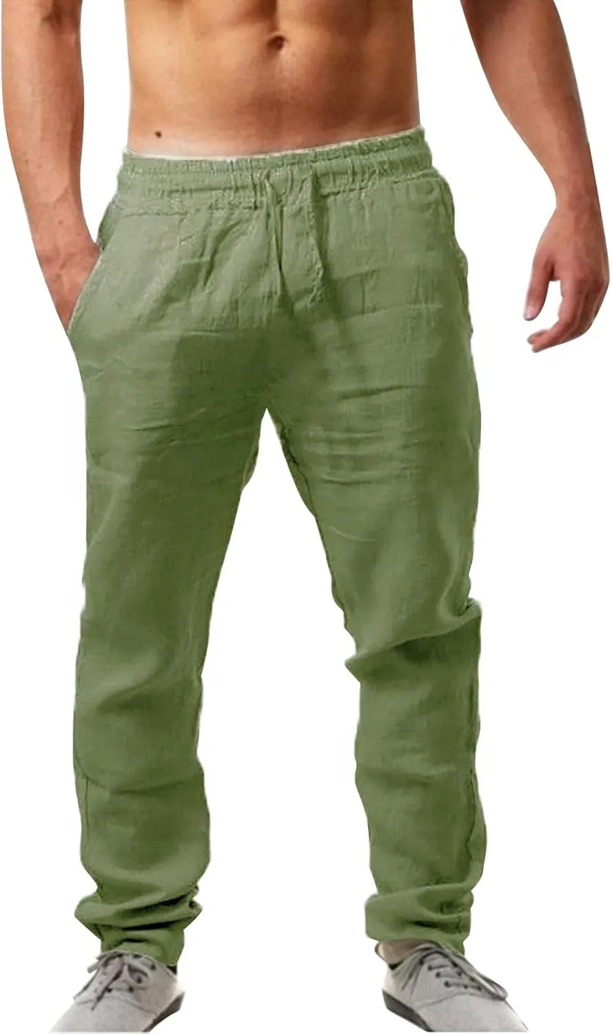 Men's Cotton Linen Pants Casual Drawstring Straight Leg Pleated Workout Pants Relaxed Fit Tapered Trousers