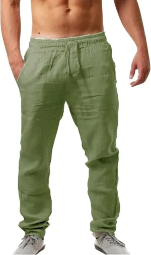Men's Cotton Linen Pants Casual Drawstring Straight Leg Pleated Workout Pants Relaxed Fit Tapered Trousers
